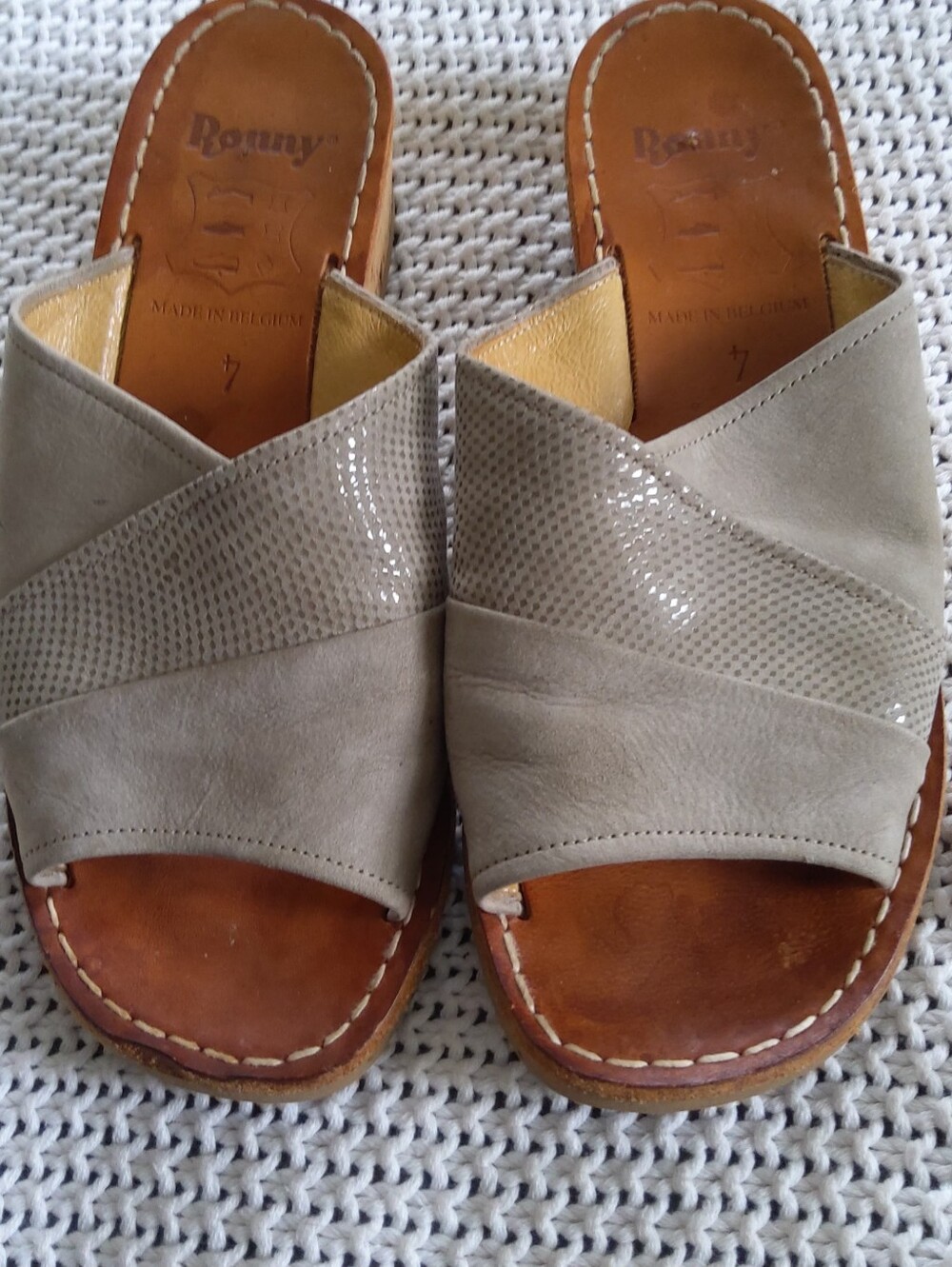 Romy Model 9053Taupe  Leather Slide Mules Cork Sole Made in Belgium